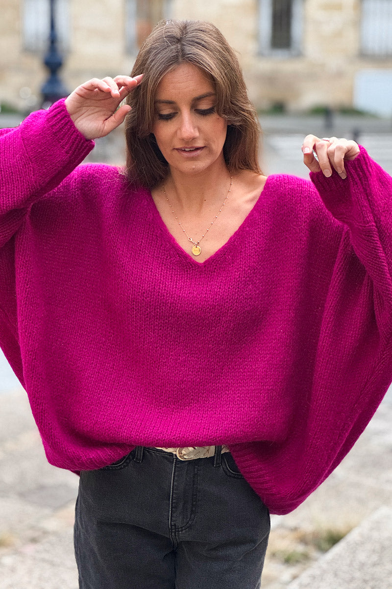 Burgundy Woollen V-neck Sweater with Batwing sleeves
