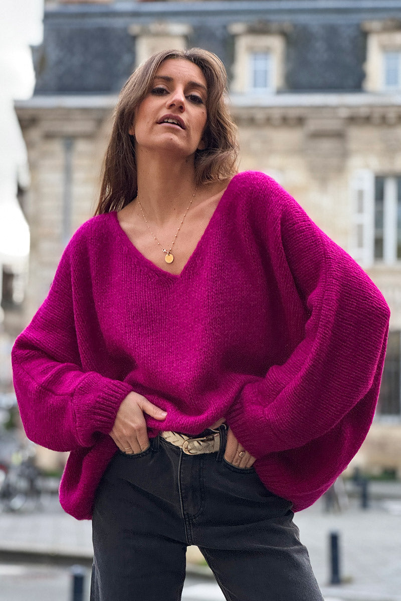 Burgundy Woollen V-neck Sweater with Batwing sleeves