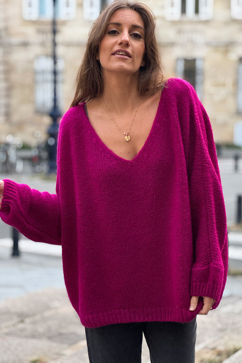 Burgundy Woollen V-neck Sweater with Batwing sleeves