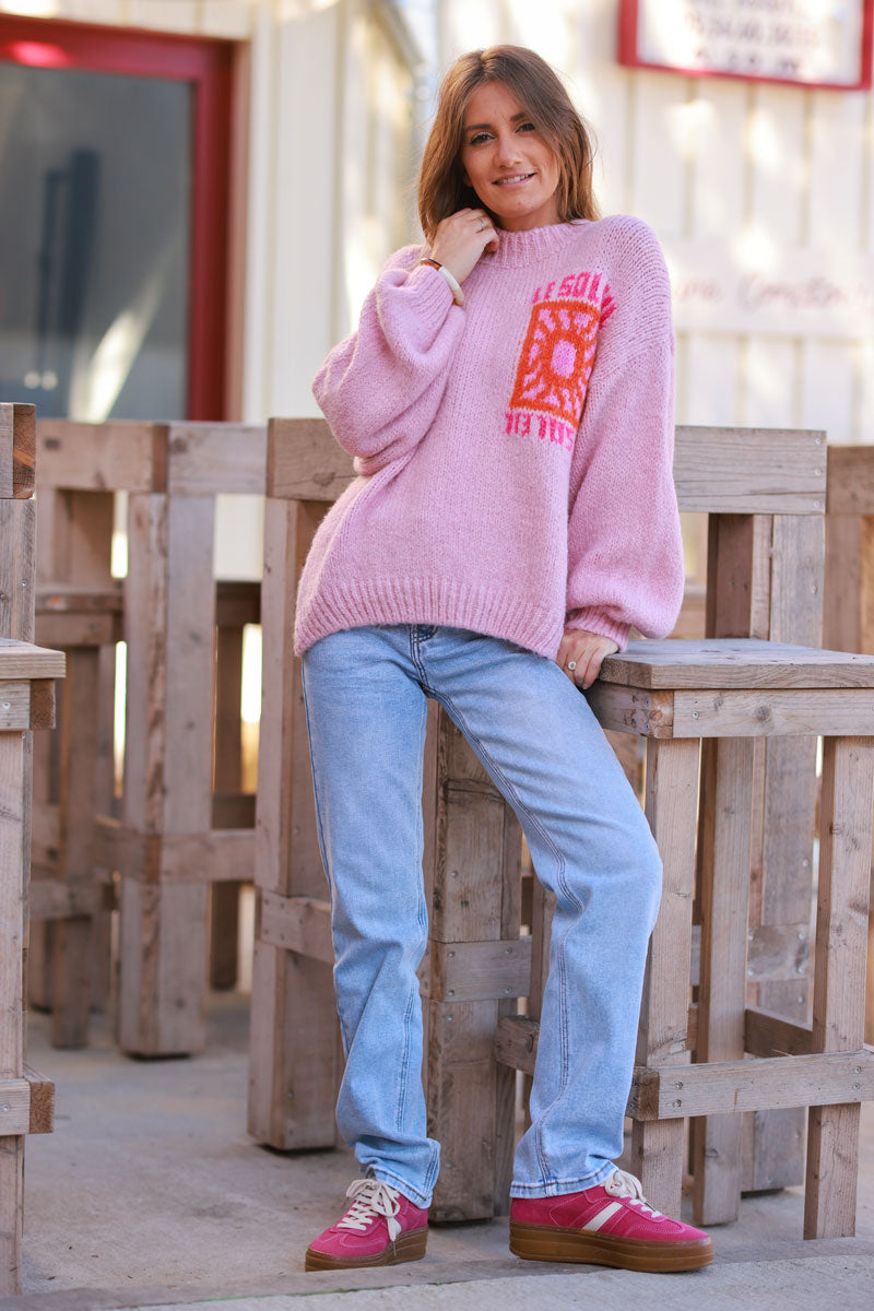 Soft Pink Chunky Knit Sweater with Vibrant Sun Embroidery