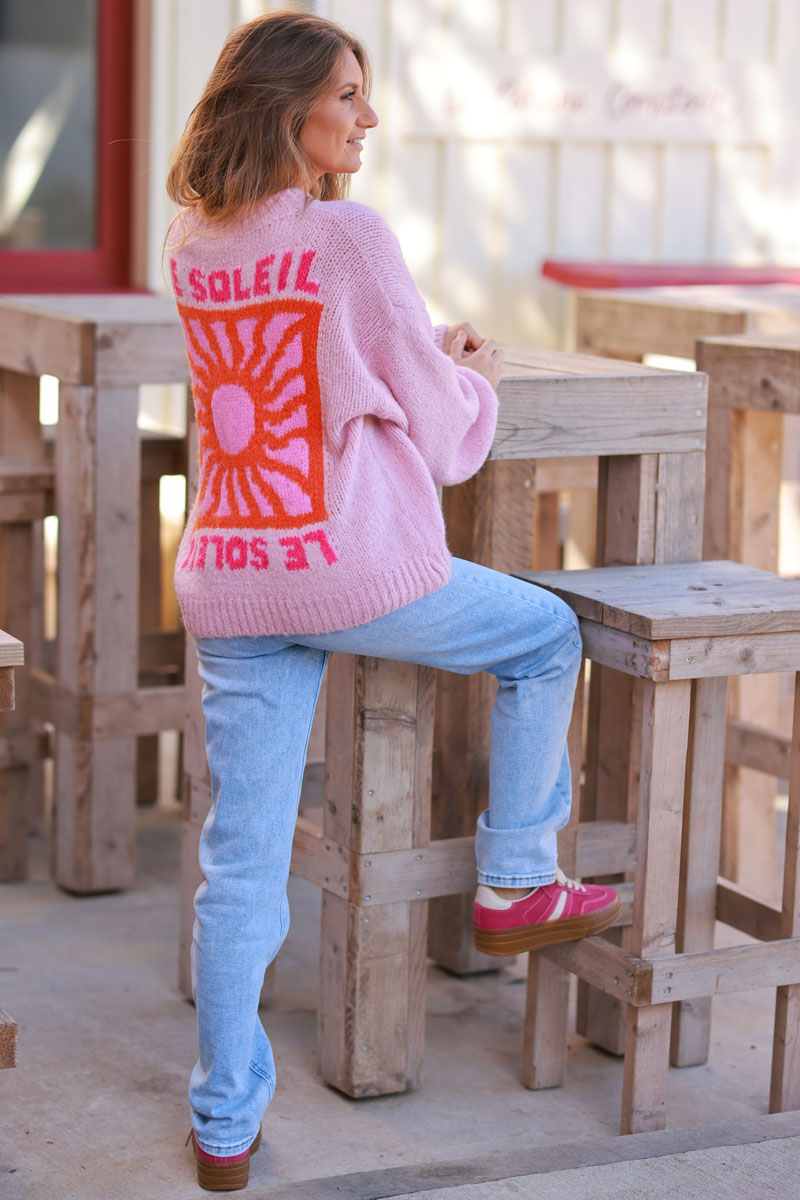 Soft Pink Chunky Knit Sweater with Vibrant Sun Embroidery