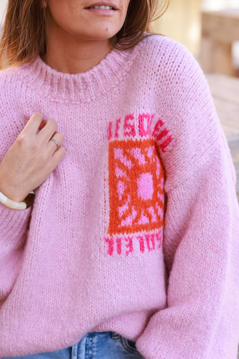 Soft Pink Chunky Knit Sweater with Vibrant Sun Embroidery