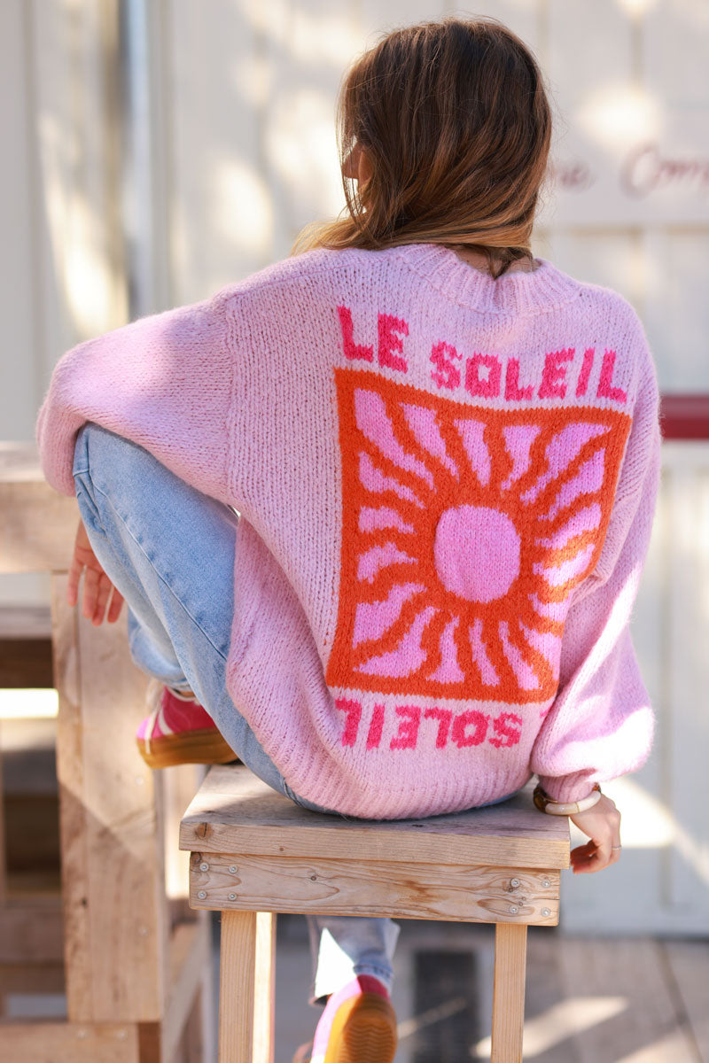 Soft Pink Chunky Knit Sweater with Vibrant Sun Embroidery