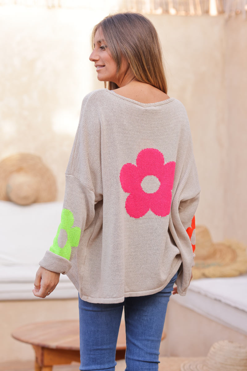 Beige Cotton Knit Sweater with Colourful Flowers and Boat Neck