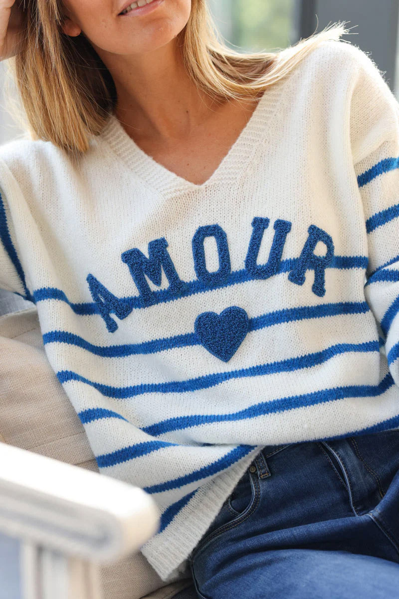 Off white and royal blue striped sweater with amour in boucle