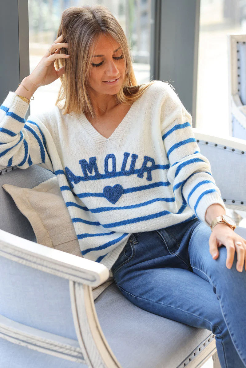 Off white and royal blue striped sweater with amour in boucle