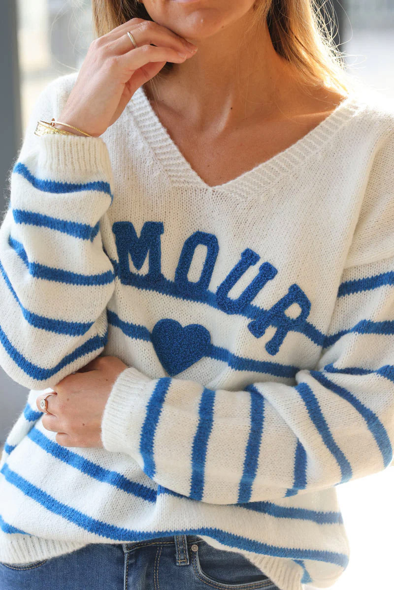 Off white and royal blue striped sweater with amour in boucle