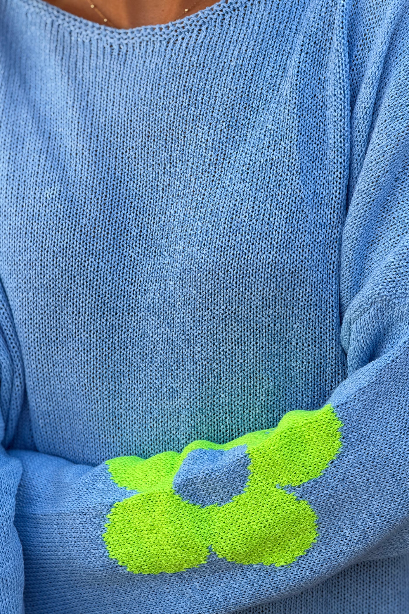 Blue Cotton Knit Sweater with Colourful Flowers and Boat Neck
