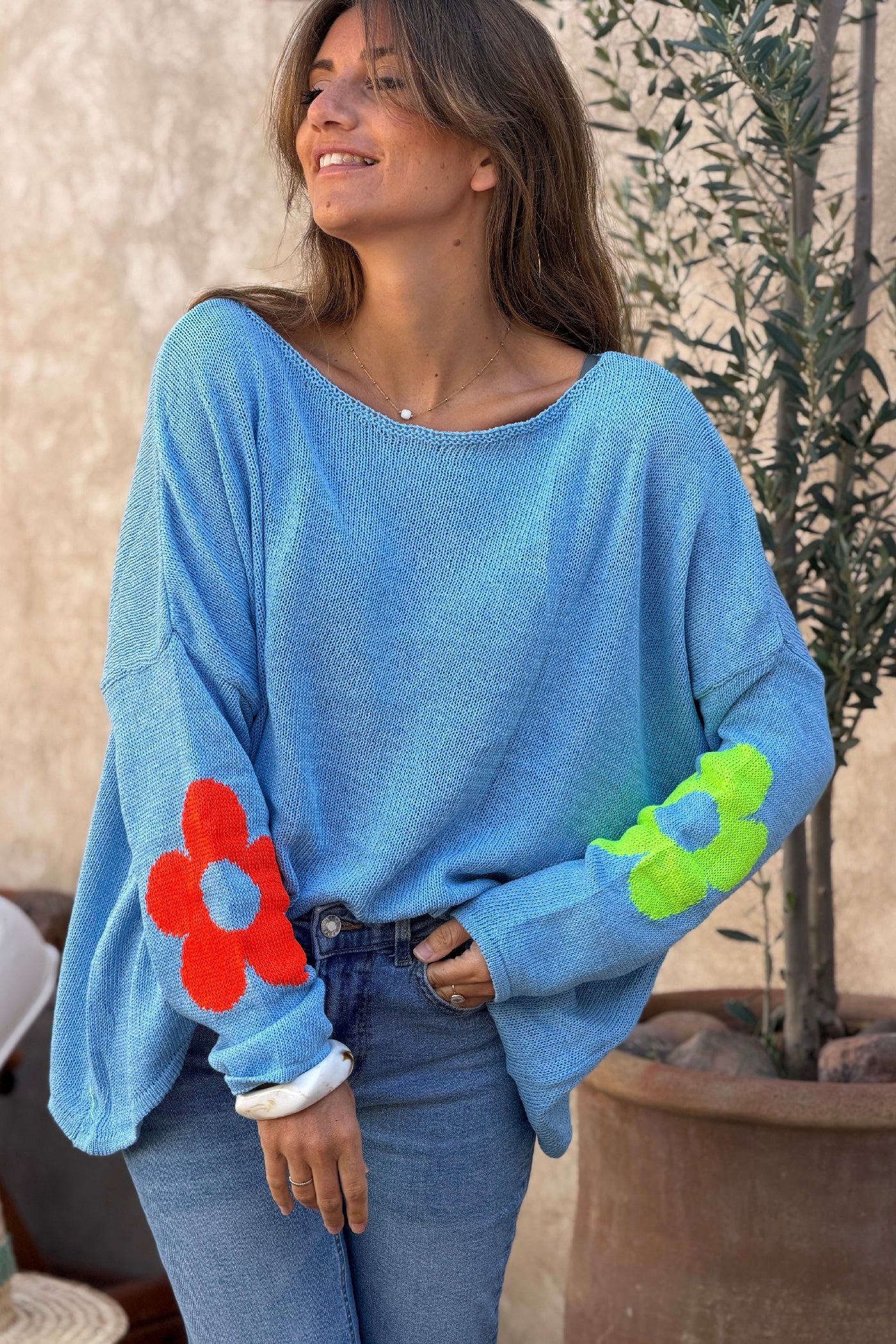 Blue Cotton Knit Sweater with Colourful Flowers and Boat Neck