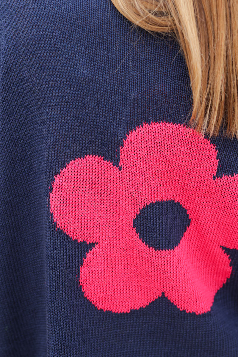 Navy blue cotton knit sweater with colourful flowers and boat neck