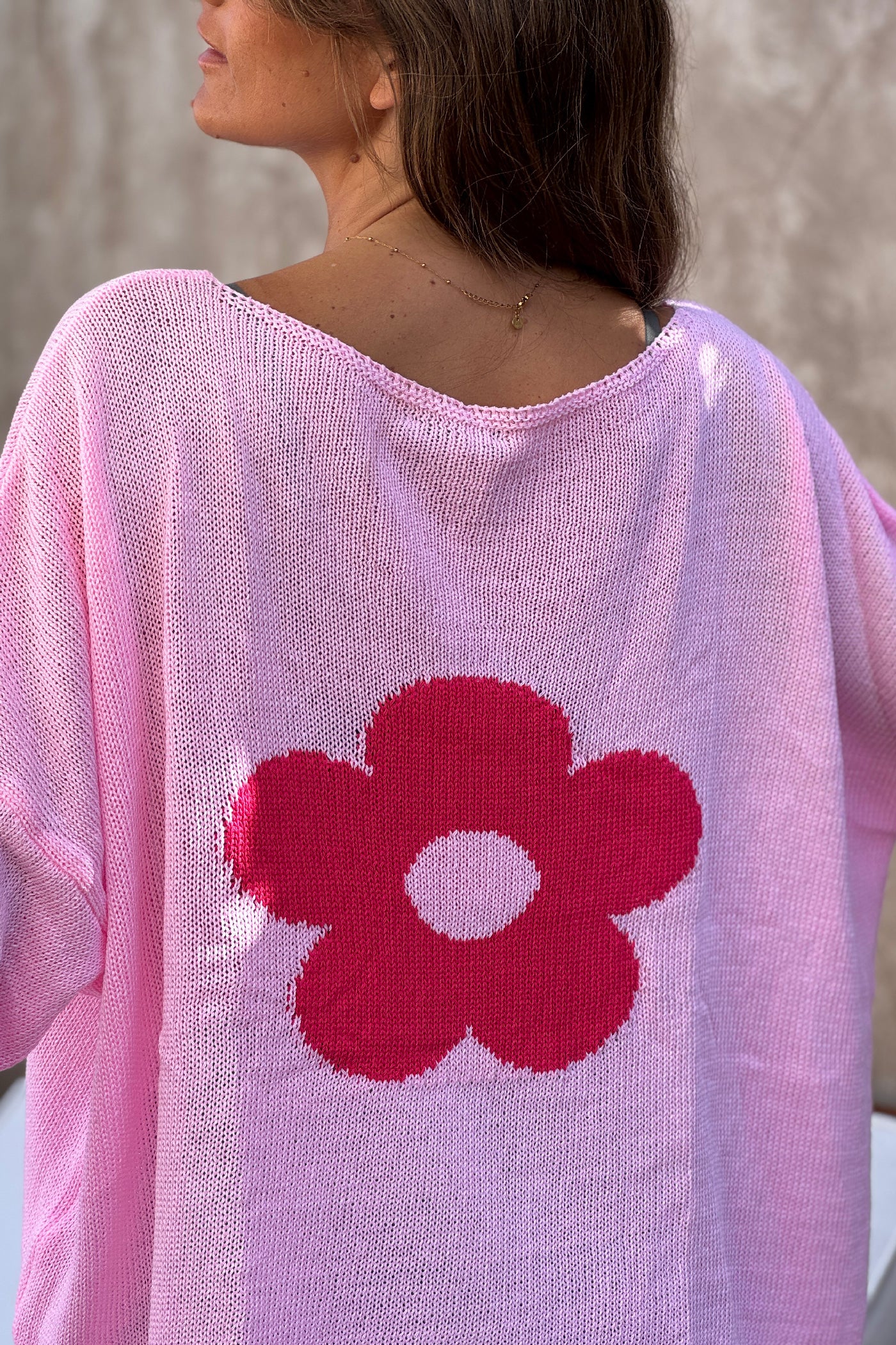 Pink Cotton Knit Sweater with Colourful Flowers and Boat Neck