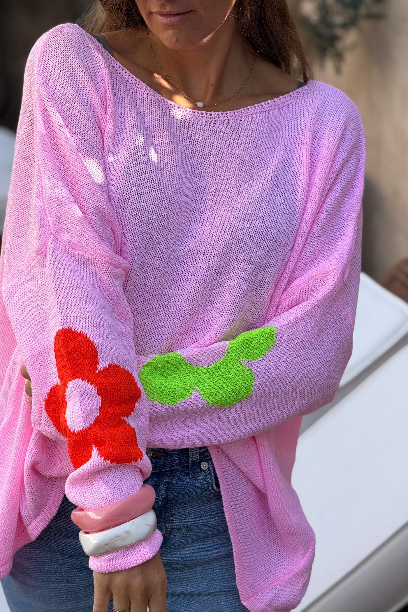 Pink Cotton Knit Sweater with Colourful Flowers and Boat Neck