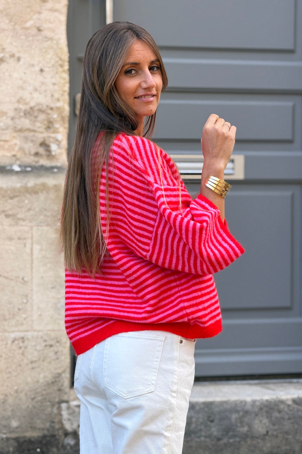 Pull manches 3/4 rayures rouge et rose col rond
