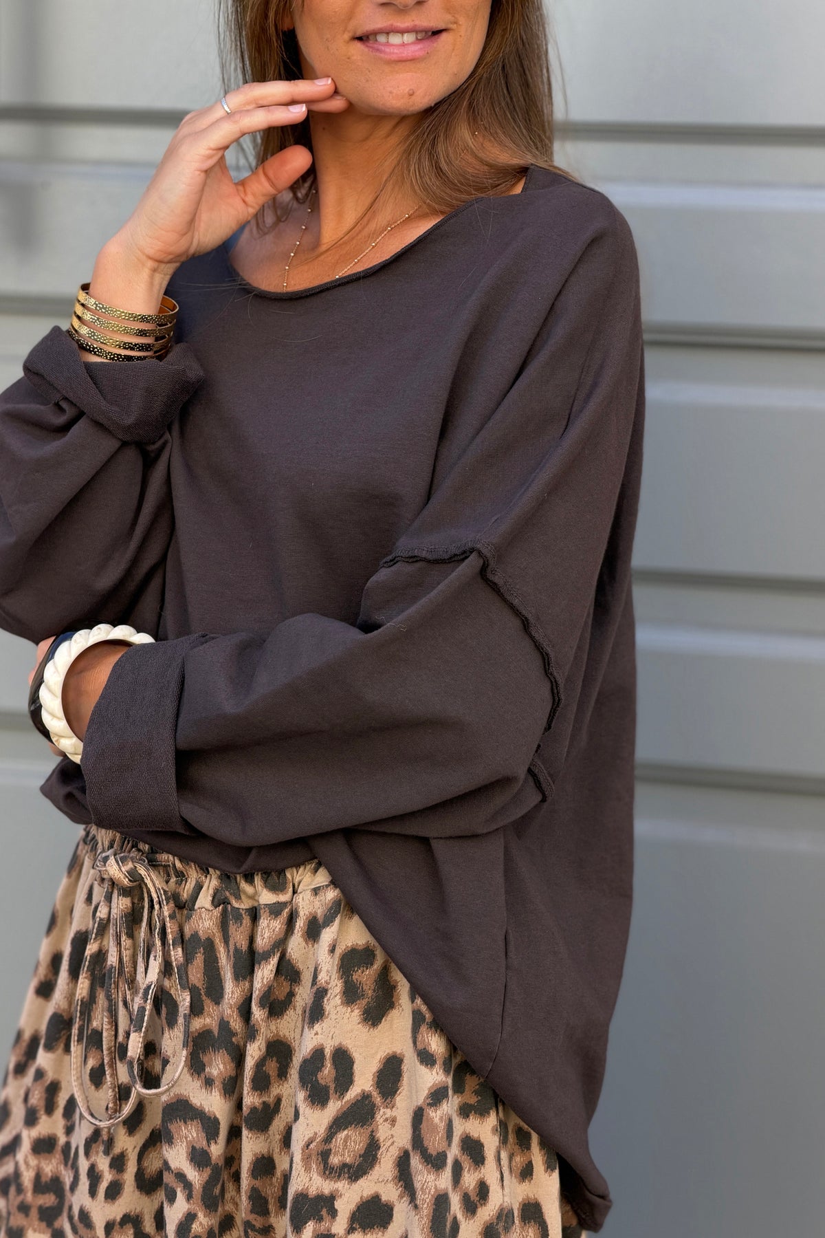 Chocolate Stretch Knit Long-Sleeve Slouchy Tee