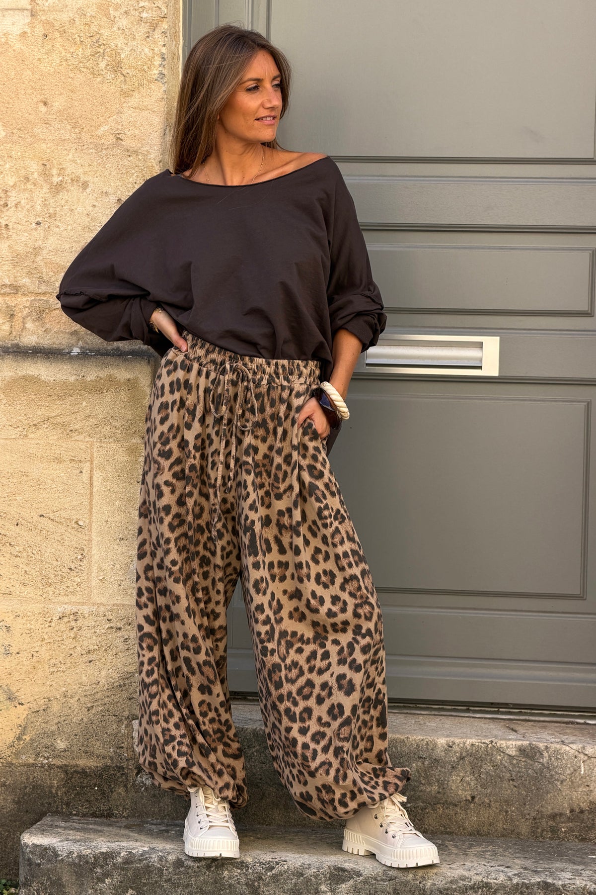 Chocolate Stretch Knit Long-Sleeve Slouchy Tee