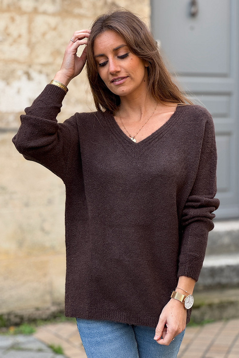 Brown Seamed V-Neck Sweater