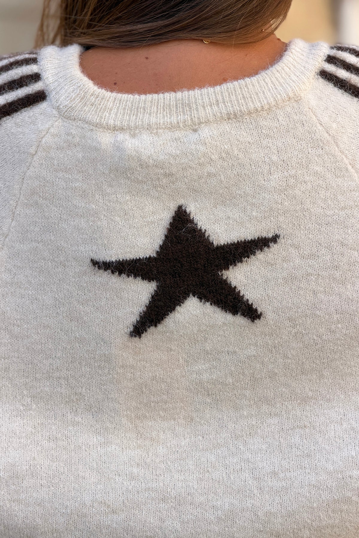 Pull moelleux beige chiné en alpaga détails rayures et étoile marron manches 3/4