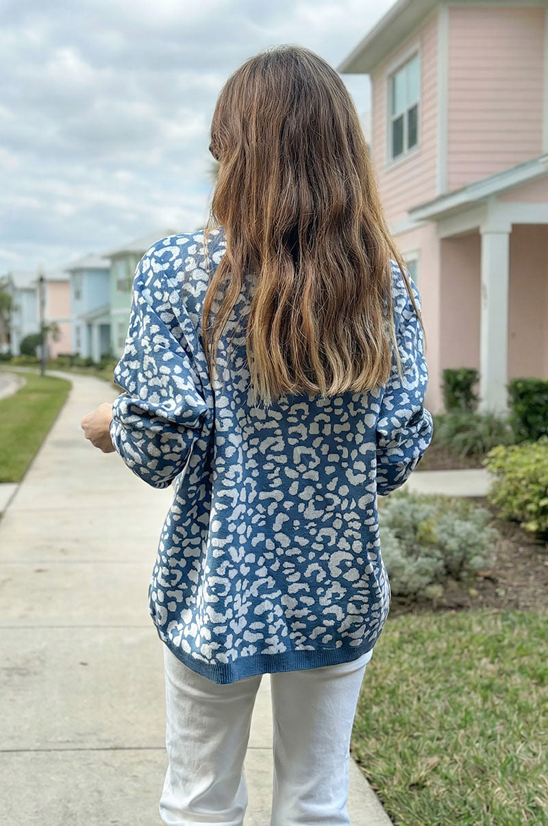 Blue Leopard Print V-Neck Viscose Sweater