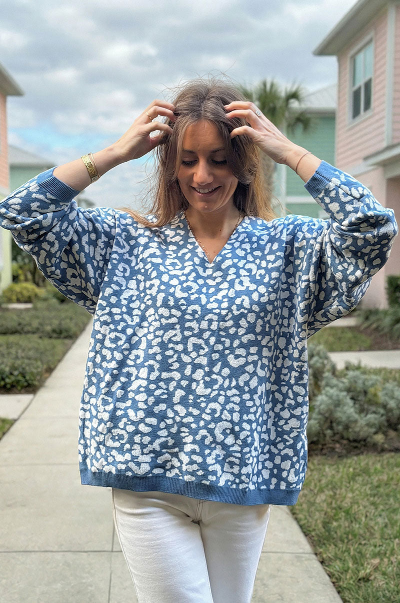 Blue Leopard Print V-Neck Viscose Sweater