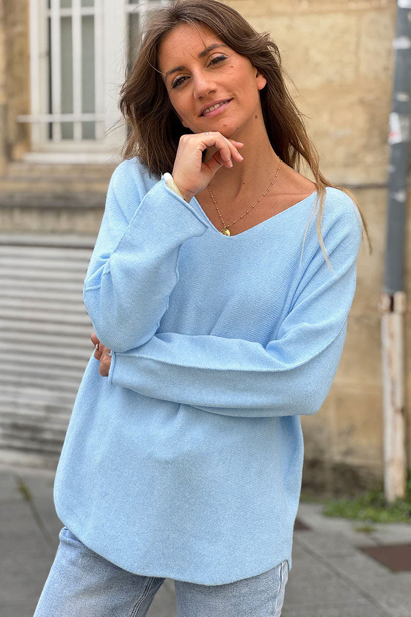 Light blue ultra-soft, Viscose Blend V-Neck Sweater