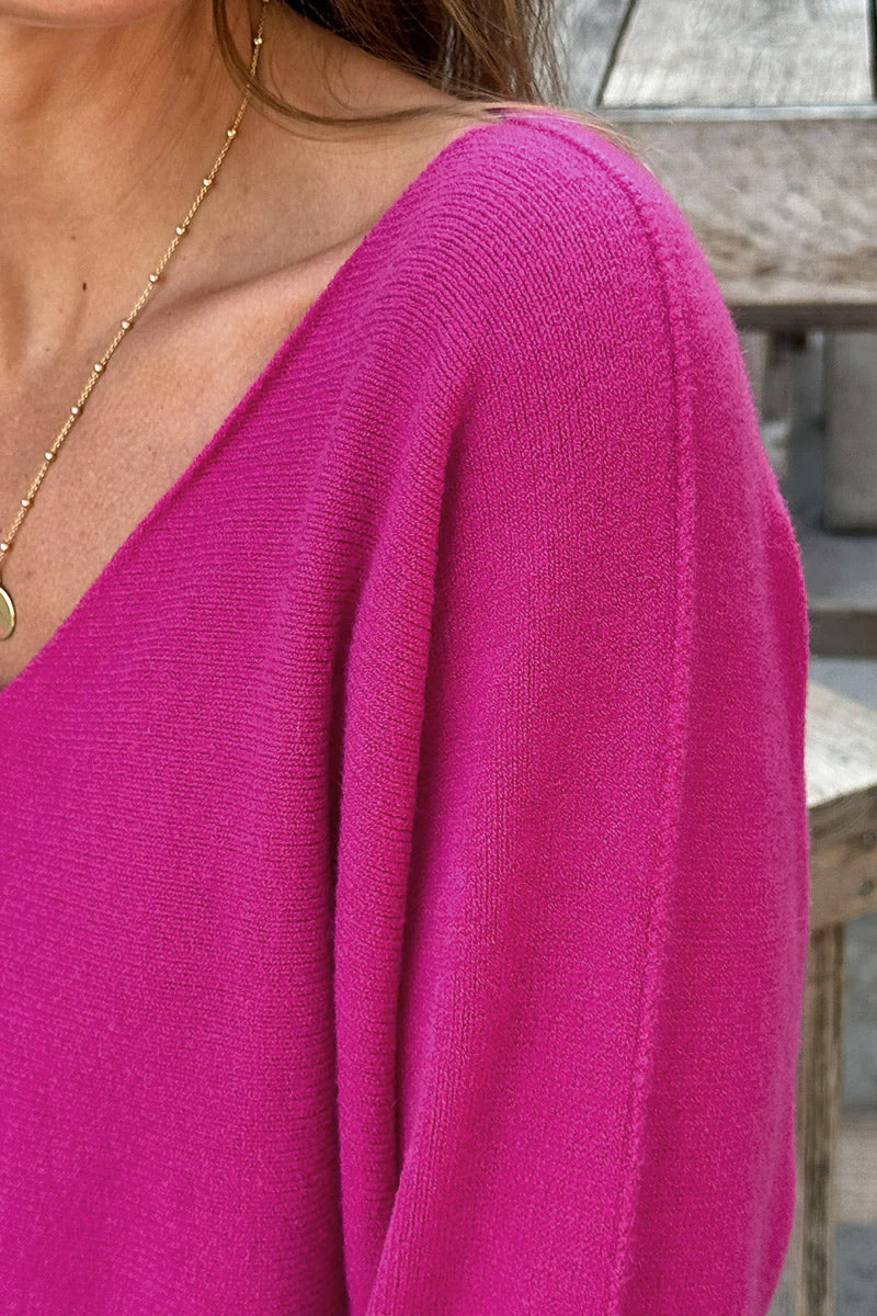 Pull moelleux tout doux fuchsia col V