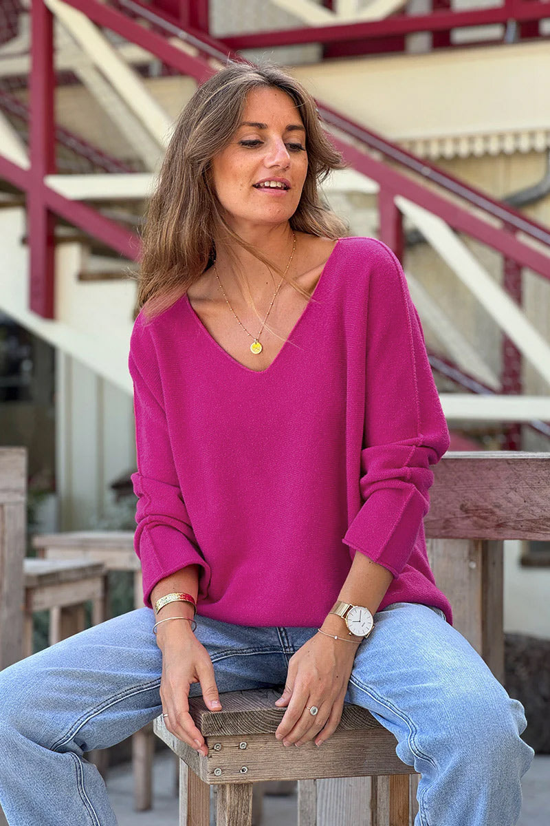 Pull moelleux tout doux fuchsia col V