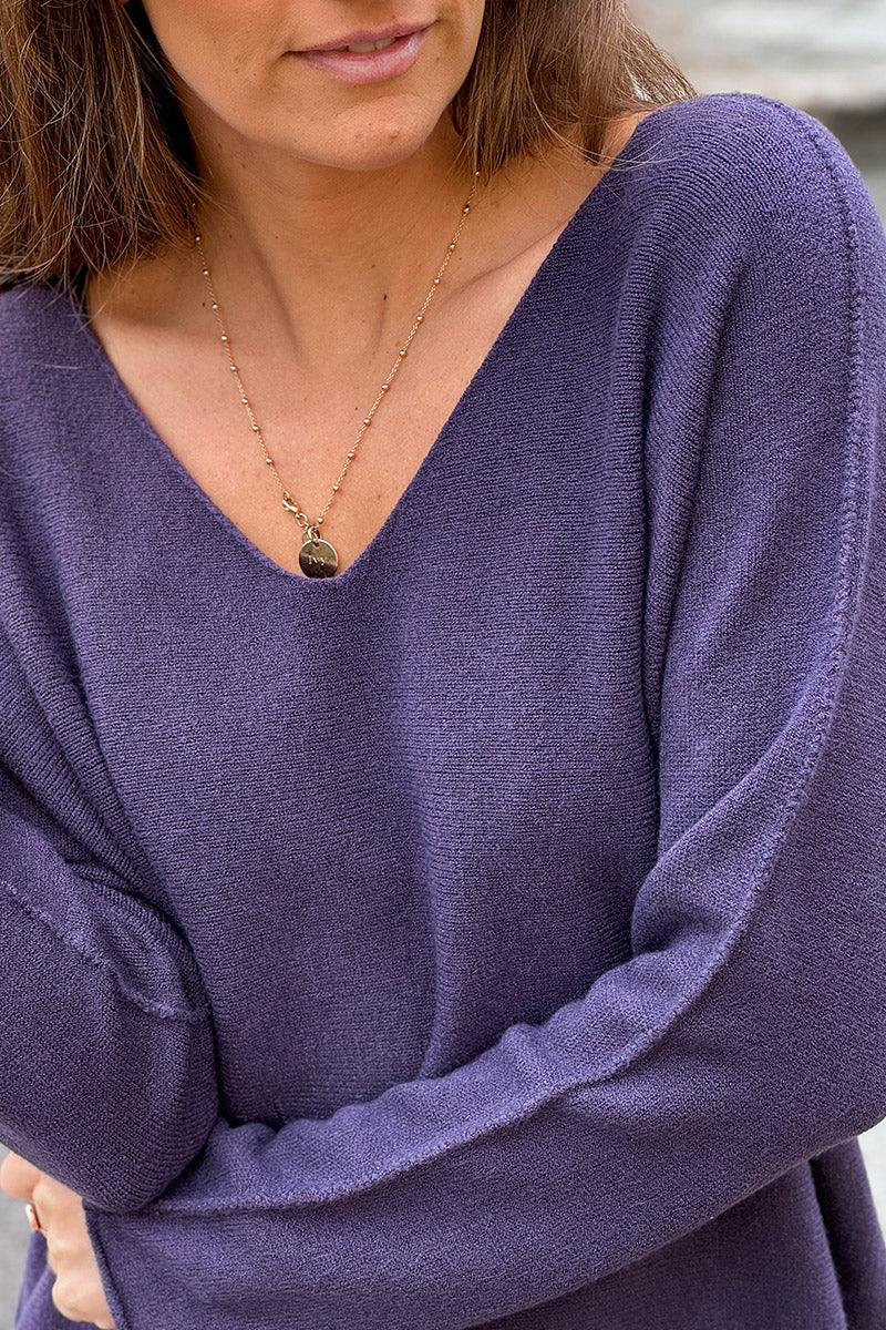 Pull moelleux tout doux aubergine col v