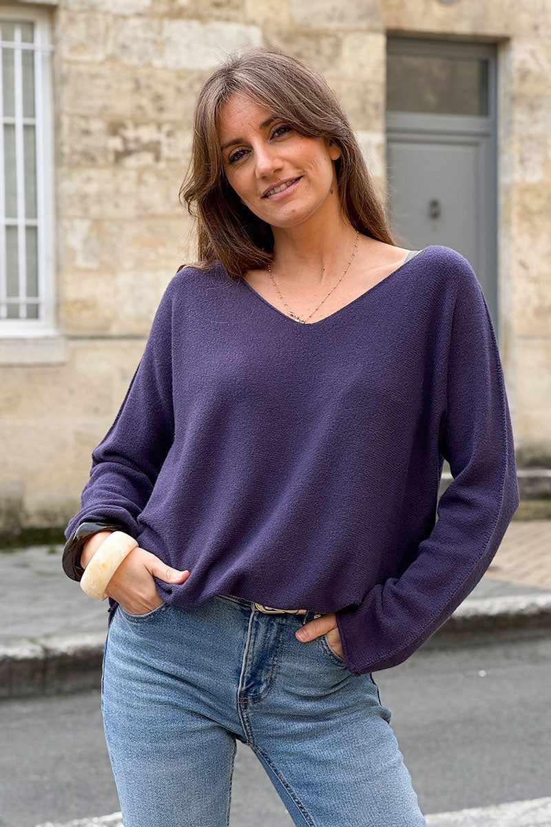 Pull moelleux tout doux aubergine col v