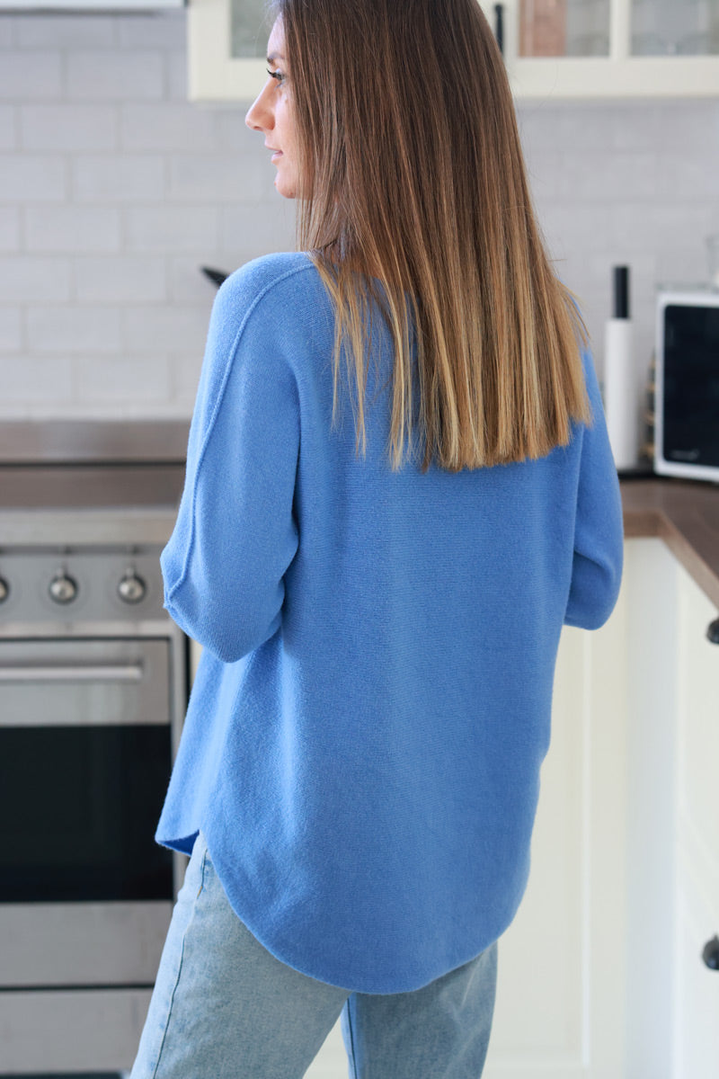 Pull moelleux tout doux bleu chiné col v