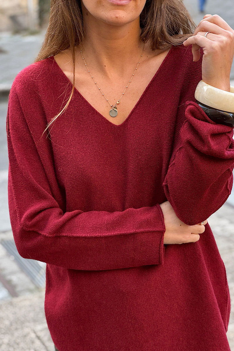 Pull moelleux tout doux bordeaux col V