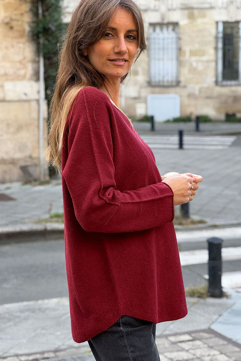 Pull moelleux tout doux bordeaux col V