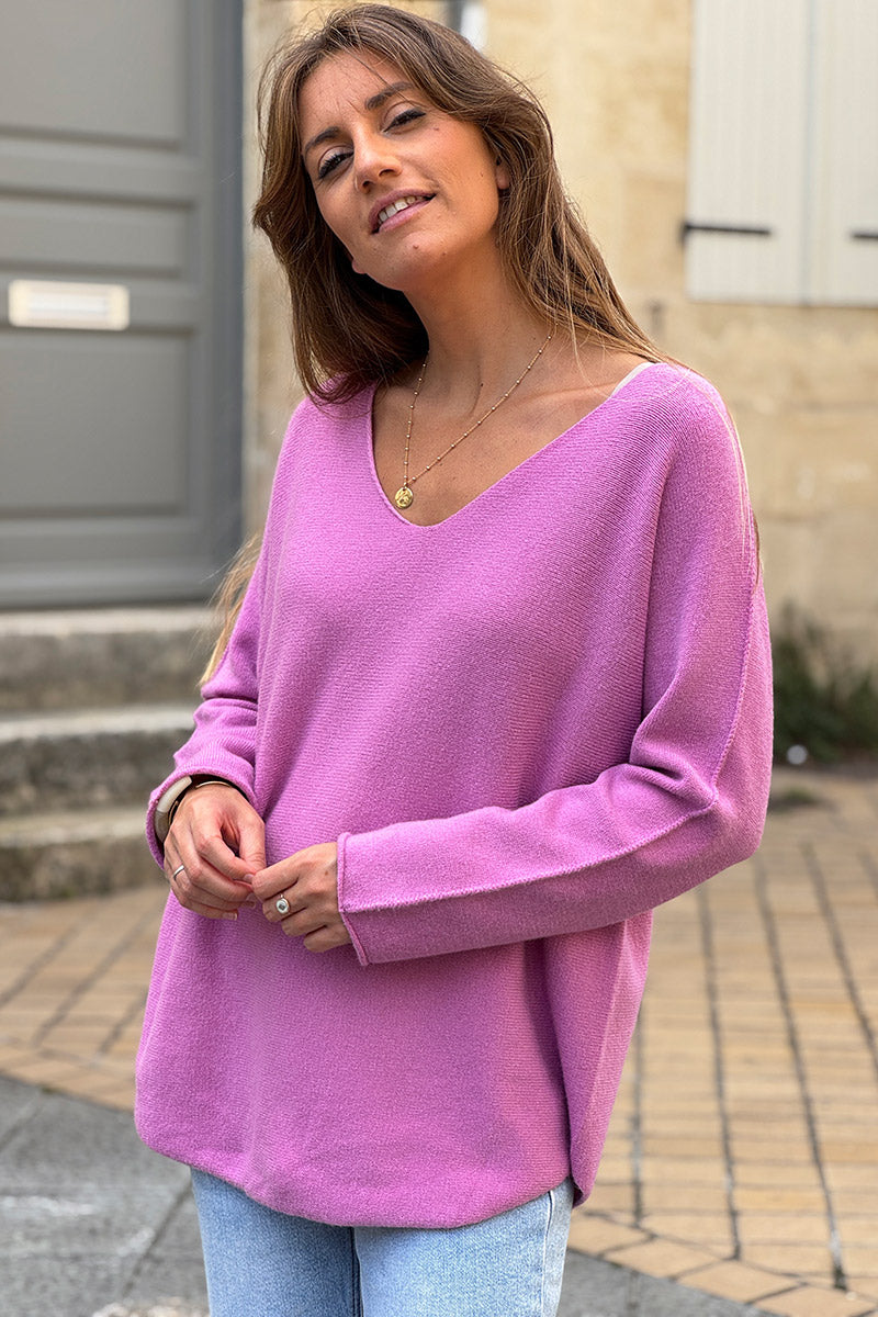 Suéter suave y esponjoso de cuello en V color rosa empolvado