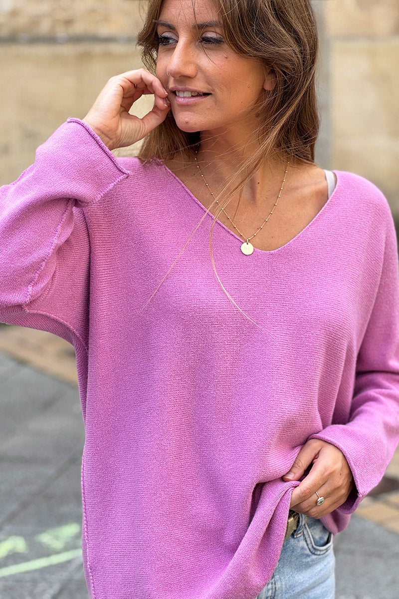 Suéter suave y esponjoso de cuello en V color rosa empolvado