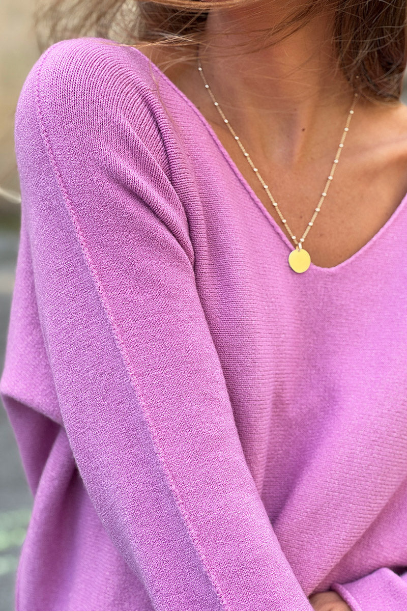 Suéter suave y esponjoso de cuello en V color rosa empolvado