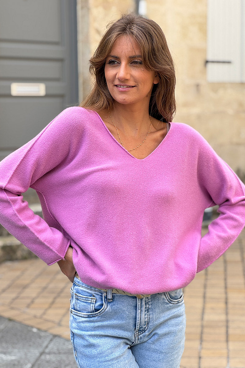 Suéter suave y esponjoso de cuello en V color rosa empolvado