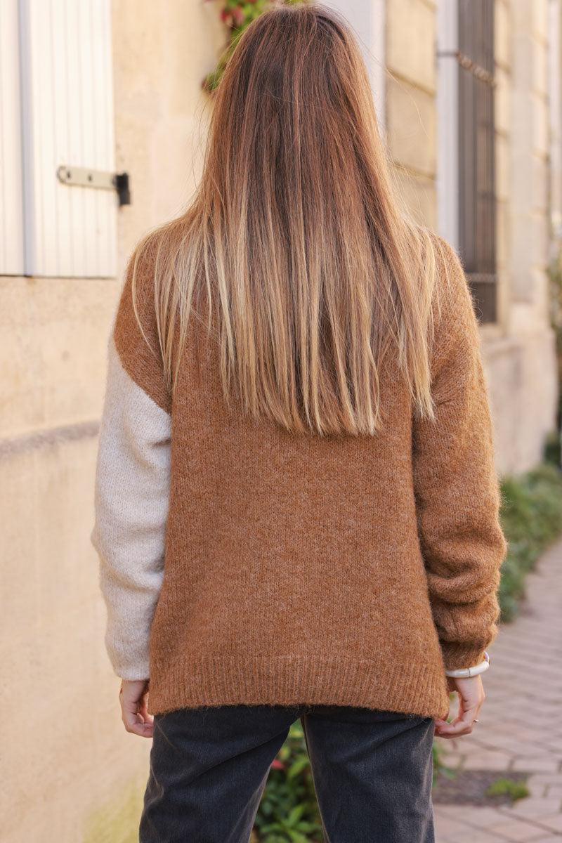 Camel and Leopard Asymmetrical Knit Sweater