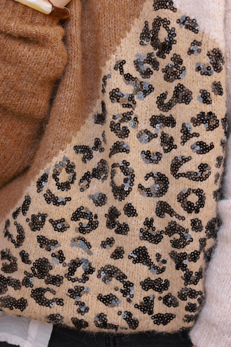 Camel and Leopard Asymmetrical Knit Sweater