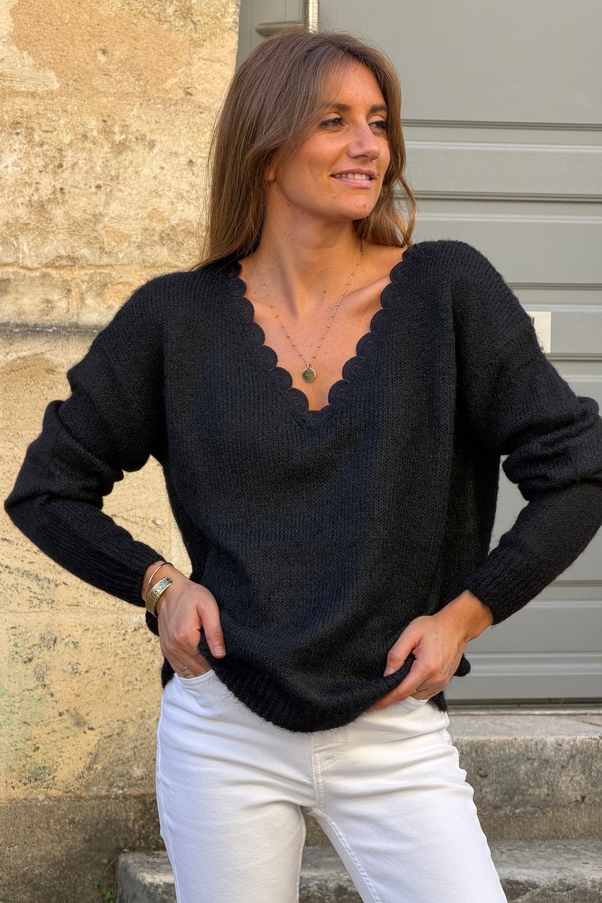 Black Scallop Neck Knit Sweater