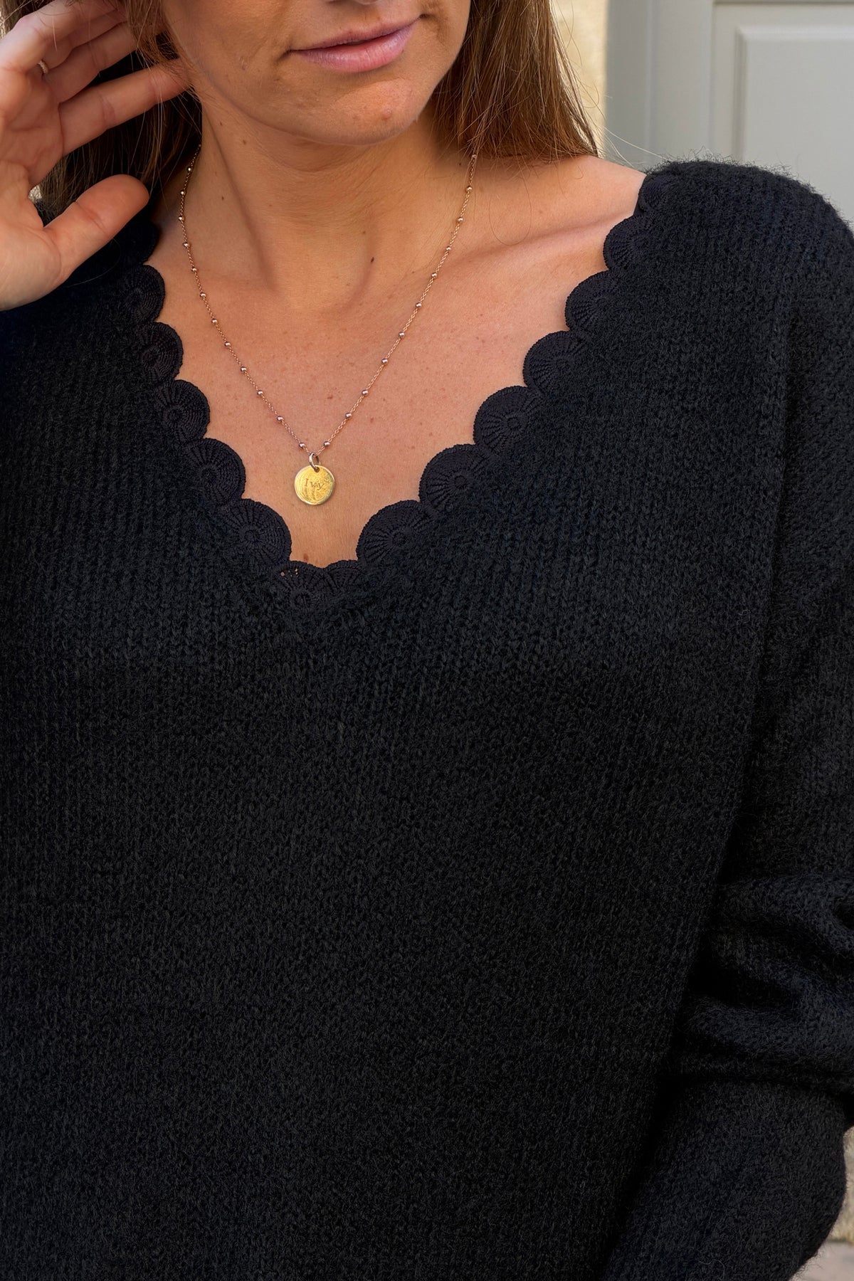 Black Scallop Neck Knit Sweater