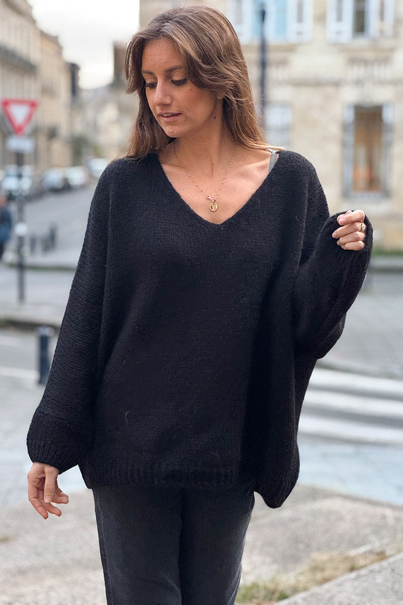 Black Woollen V-neck Sweater with Batwing sleeves