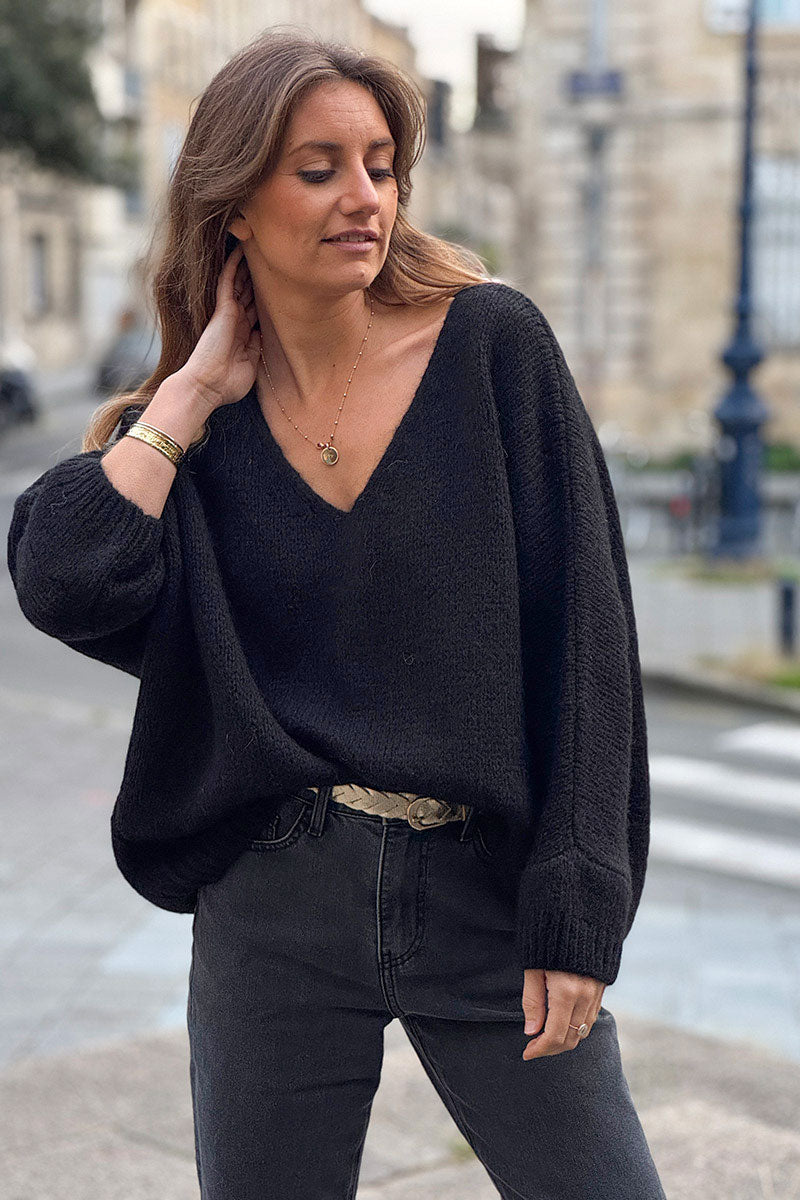Black Woollen V-neck Sweater with Batwing sleeves