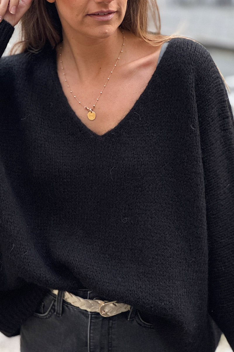 Black Woollen V-neck Sweater with Batwing sleeves