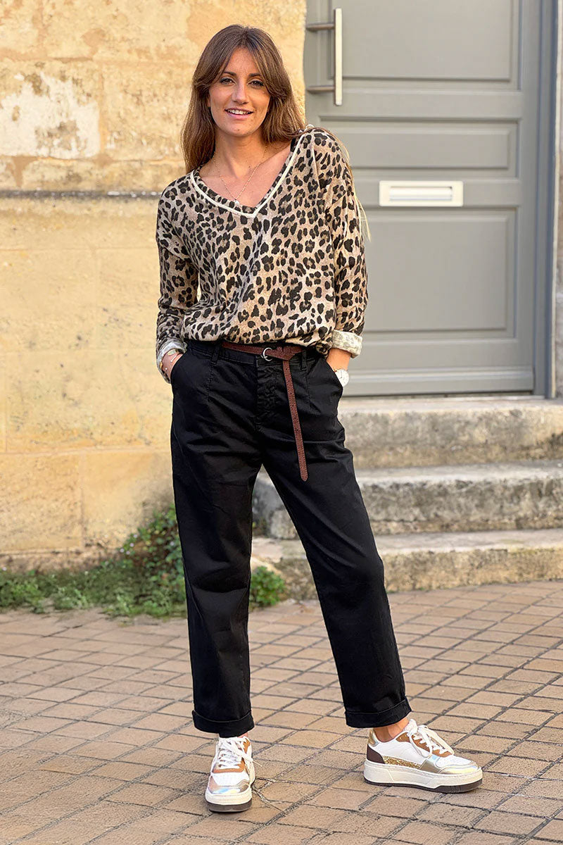 Pull en petite maille laine taupe imprimé léopard