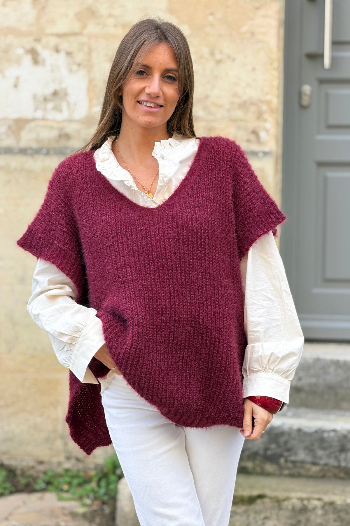 Wine Burgundy V-Neck Cap Sleeve Mohair Sweater