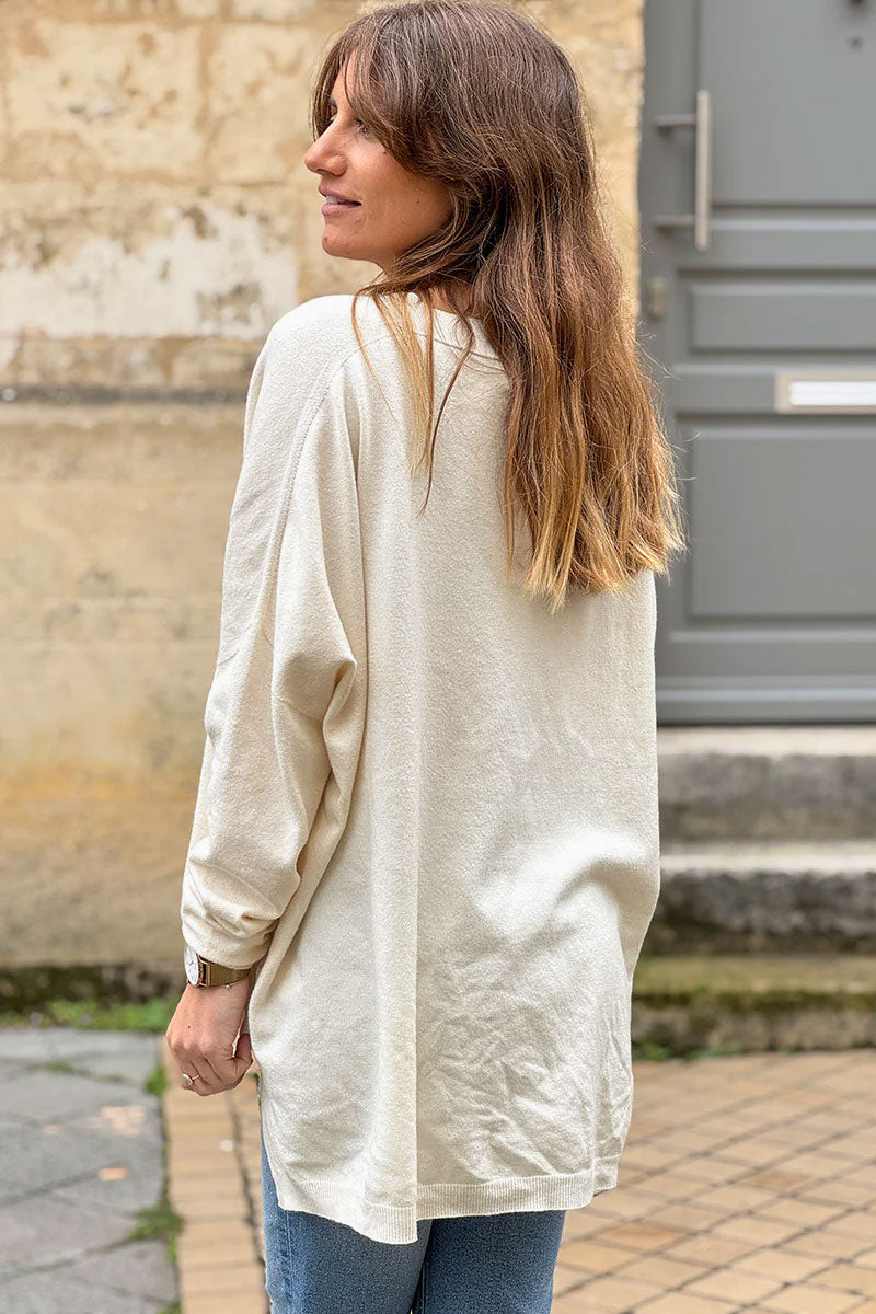 Pull large et doux écru col v côtelé