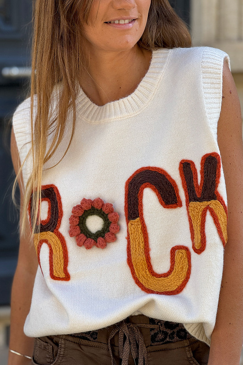 Cream ROCK Yarn Knit Boucle Sweater Vest
