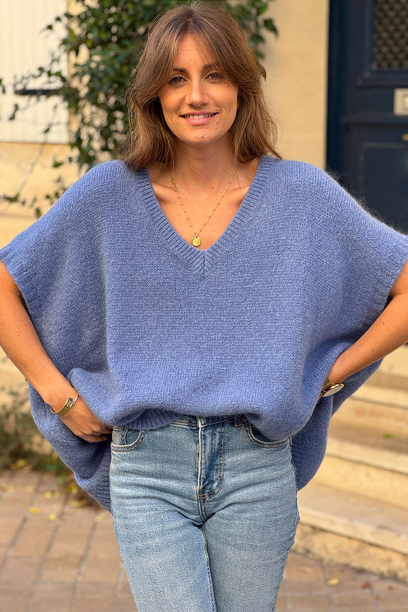 Blue V-Neck Sweater Poncho
