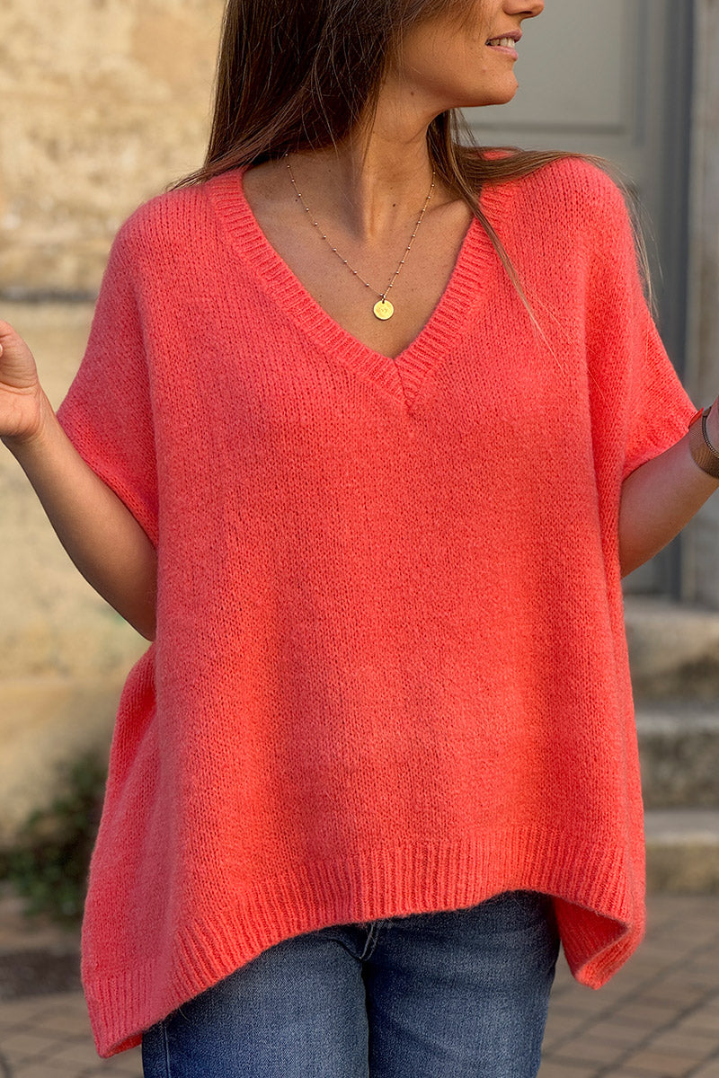 Suéter de mohair coral extragrande, esponjoso y sin mangas con cuello en V acanalado