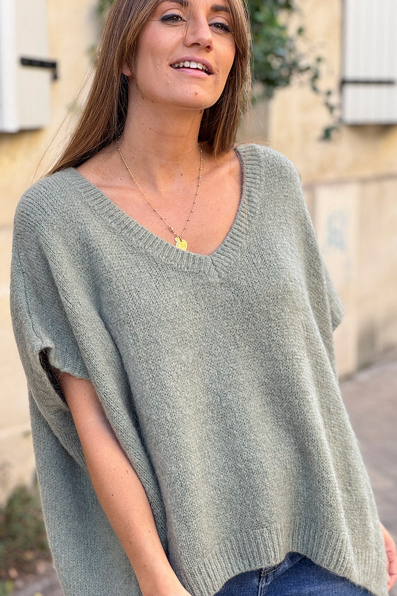 Pull sans manches large et moelleux kaki en mohair col v côtelé