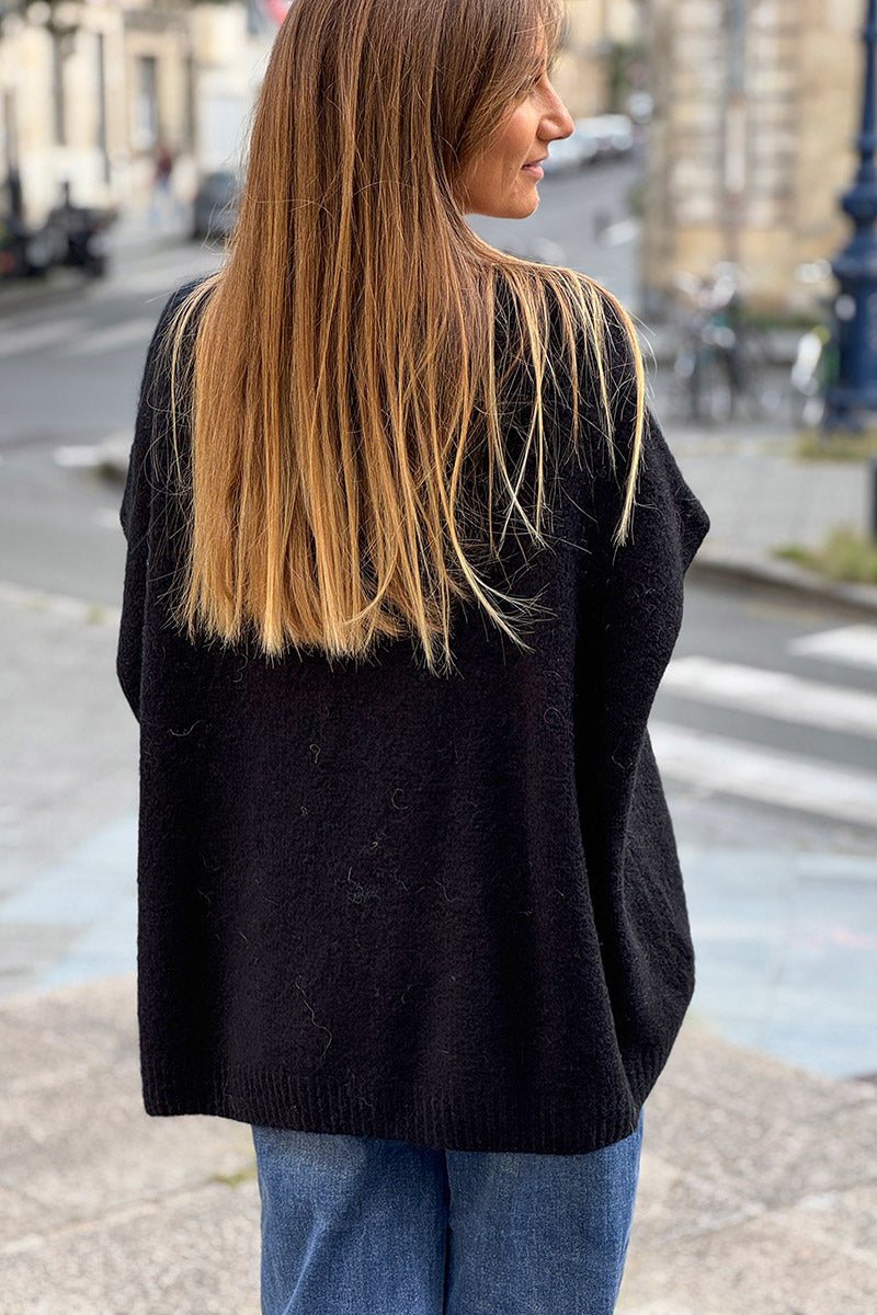 Pull sans manches large et moelleux noir en mohair col v côtelé